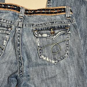 Vintage Y2K Decoded Blue Denim Flare Jeans Beaded Low Rise Boho Festival Size 7
